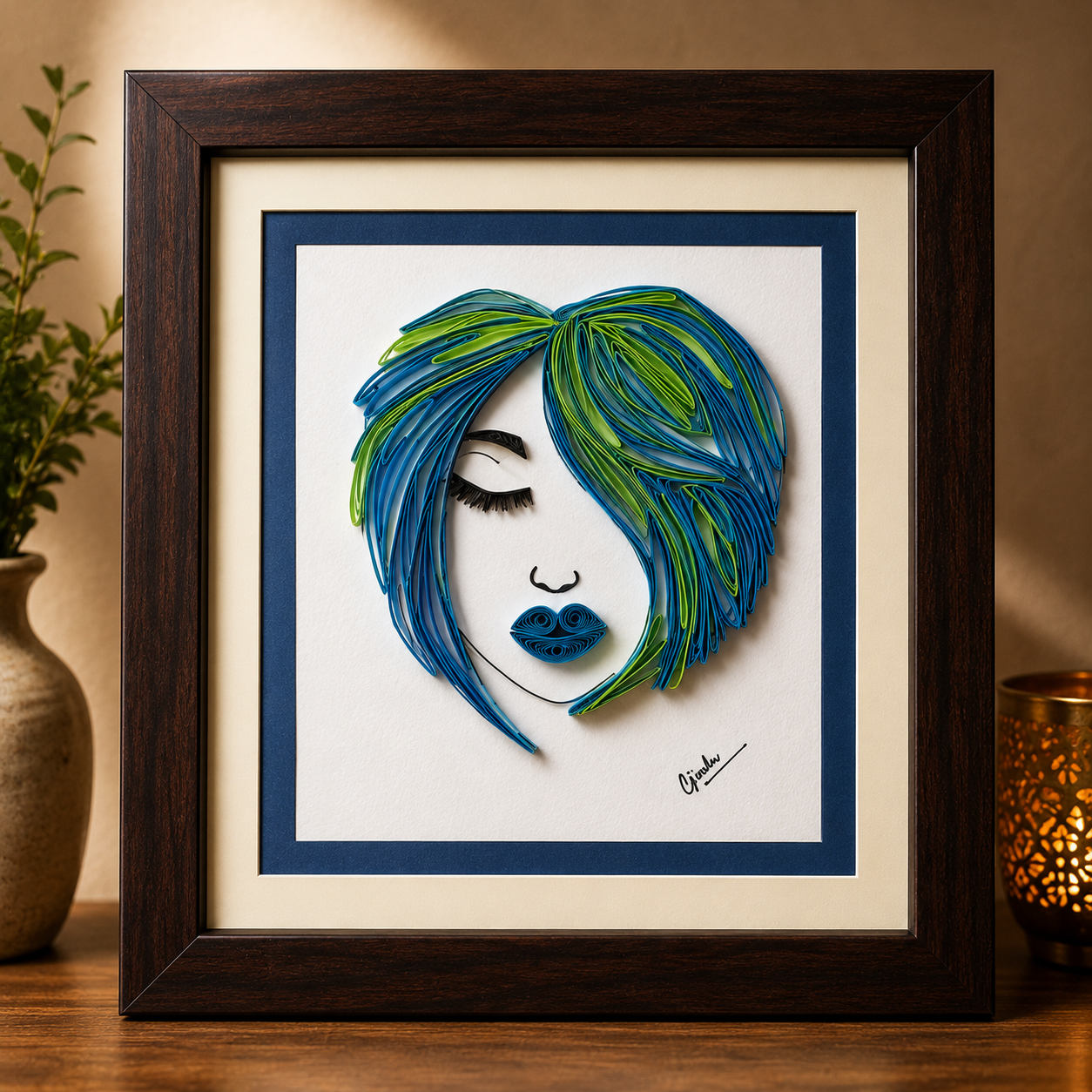 Azure Muse – Handcrafted Quilling Portrait Wall Art